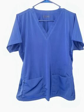 WonderWink Spread Good Cheer Scrub Top Womens M Blue V-Neck Short Sleeve